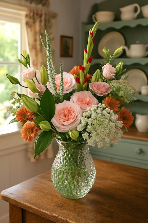 Garden-style bouquet with roses, gladiolus and Queen Anne's lace in a cut-glass vase. Arranged in Maple Ridge and available for same-day flower delivery.